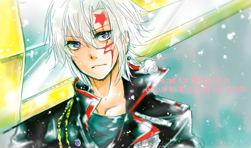 1boy, abstract_background, allen_walker, badge, black_jacket, black_order_uniform, blue_background, blue_eyes, carrying_over_shoulder, chain, collarbone, collared_jacket, cross, d.gray-man, earrings, english_text, facial_mark, floating_earrings, forehead_mark, gold_chain, green_shirt, grey_background, hair_between_eyes, head_tilt, holding, holding_sword, holding_weapon, huge_weapon, jacket, jewelry, kozuuu, looking_at_viewer, male_focus, military, military_uniform, over_shoulder, scar, scar_across_eye, scar_on_face, shirt, short_hair, sidelocks, single_earring, snow, snowing, solo, star_(symbol), star_facial_mark, striped_clothes, striped_jacket, sword, two-tone_background, vertical-striped_clothes, vertical-striped_jacket, weapon, weapon_over_shoulder, white_hair