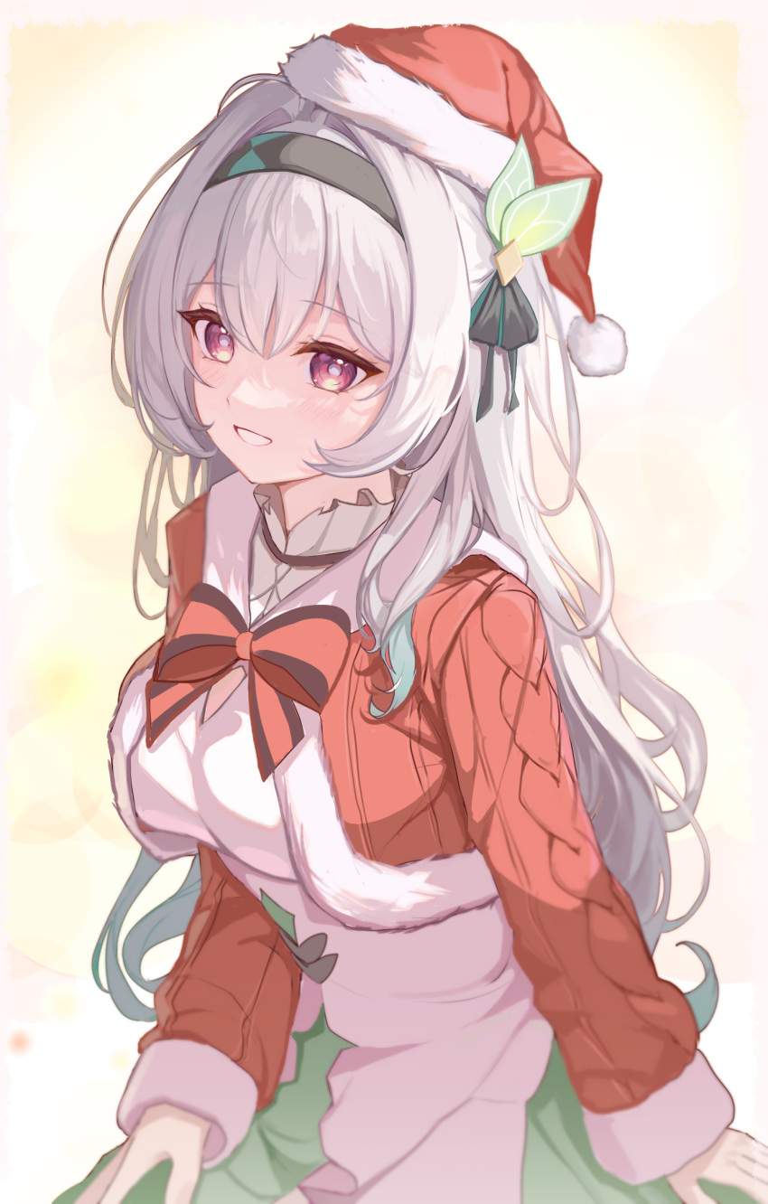 1girl, 2nom_shiki, black_hairband, christmas, commentary_request, dress, firefly_(honkai:_star_rail), fur-trimmed_headwear