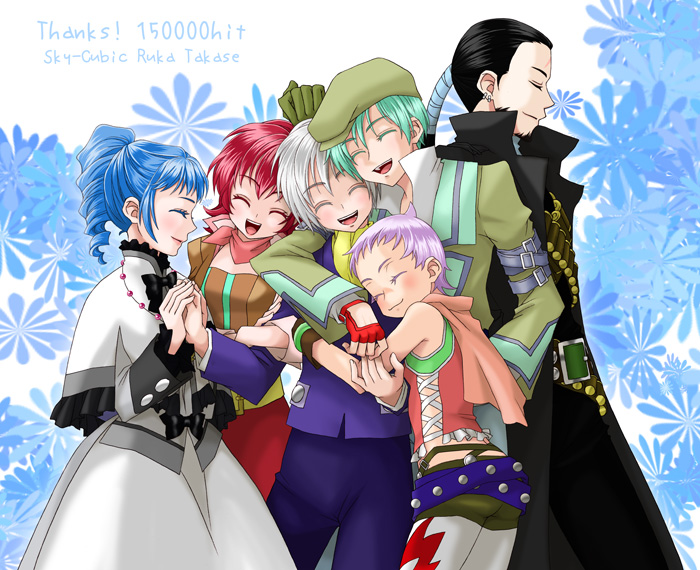 3girls, ^_^, ange_serena, belt, black_hair, blue_background, blue_hair, bow