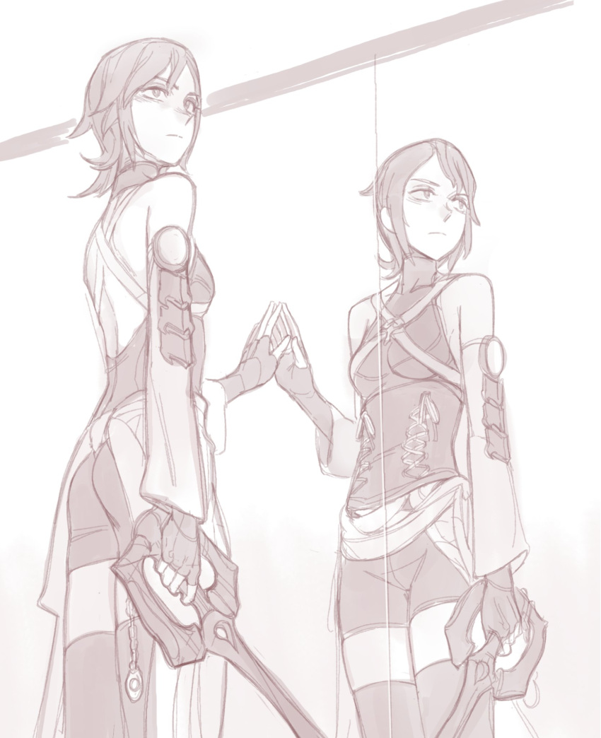 1girl, against_mirror, aqua_(kingdom_hearts), bare_shoulders, black_thighhighs, breasts, closed_mouth, feason