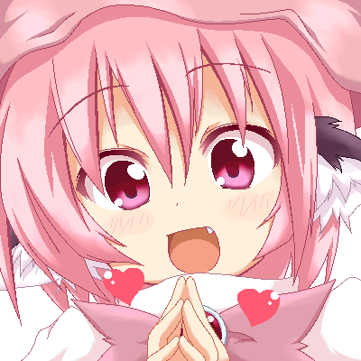 :d, face, fang, hands_together, happy, heart, lowres, marimo_(artist), mystia_lorelei, oekaki, open_mouth, pink_eyes, pink_hair, smile, solo, tegaki, touhou