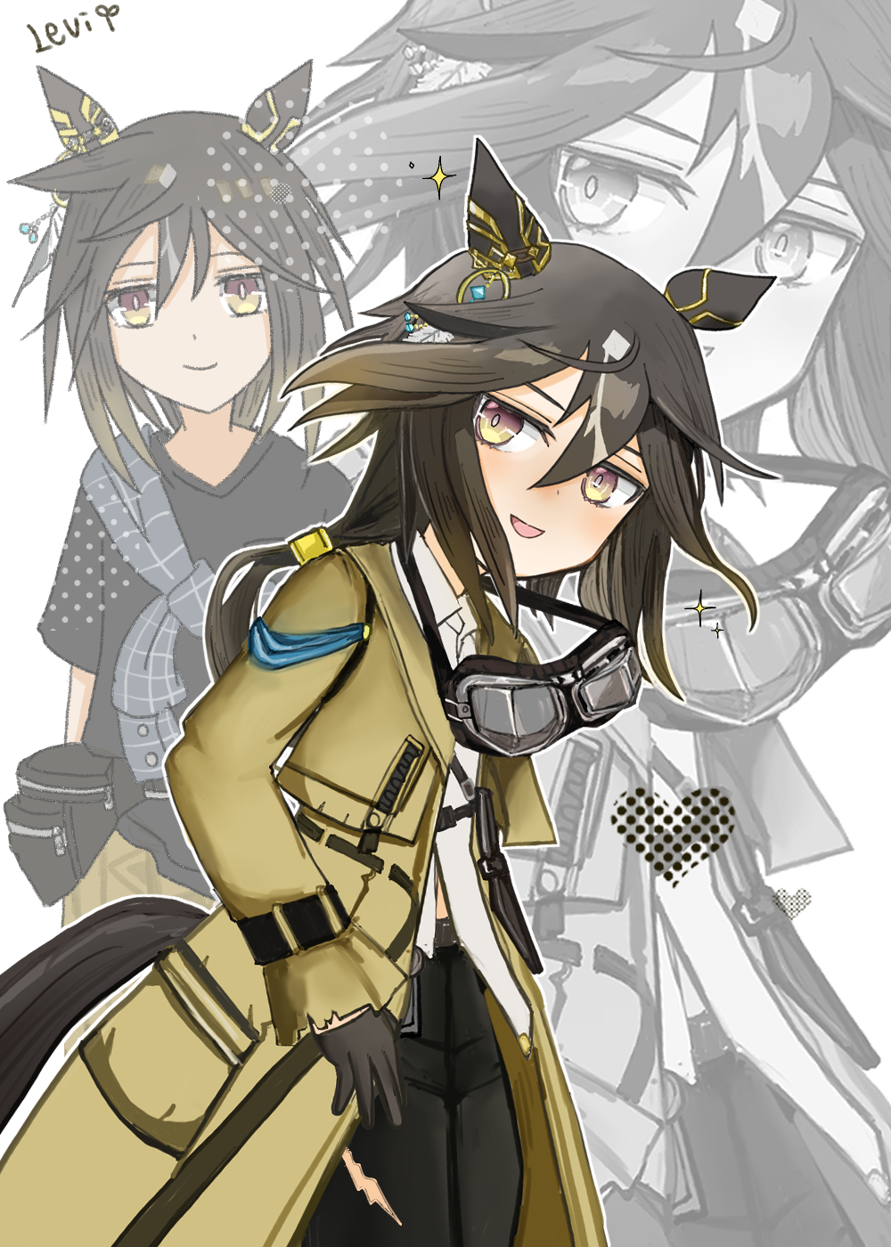 1girl, animal_ears, asymmetrical_shirt, black_gloves, black_hair, black_shirt, blue_shirt, blush