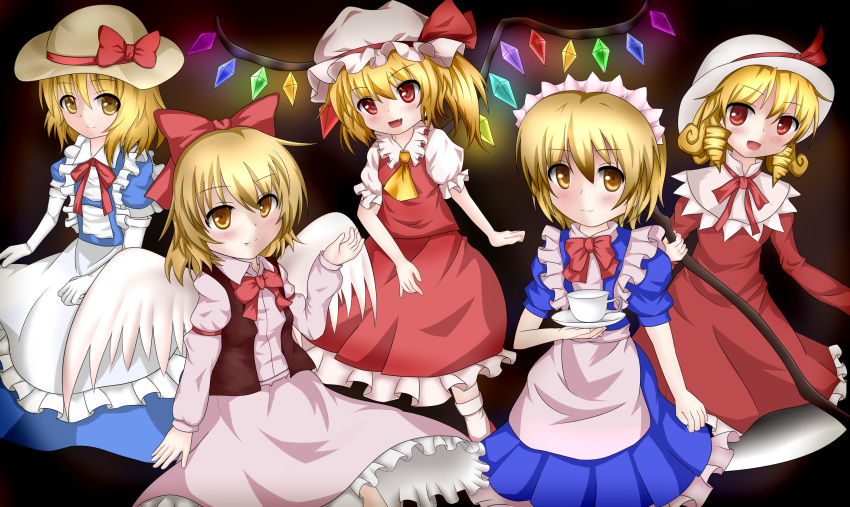 blonde_hair, demon, elbow_gloves, elly, flandre_scarlet, gengetsu, gloves, hat, highres, kana_anaberal, maid, maid_headdress, mugetsu, mugetsu_(touhou), red_eyes, ribbon, touhou, touhou_(pc-98), wings, yellow_eyes, yuyumi_(yuurei)