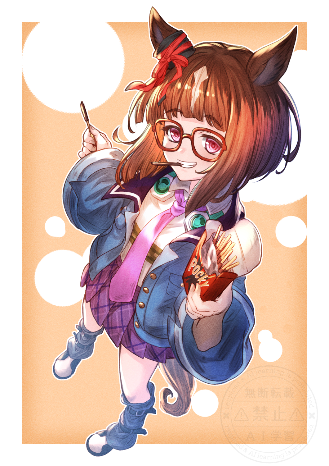 1girl, animal_ears, blue_jacket, blue_socks, blush, breasts, brown_hair, casual