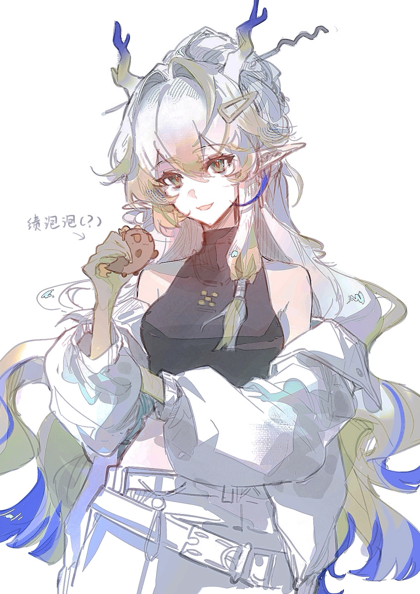 1girl, :d, arknights, arrow_(symbol), bare_shoulders, black_shirt, blonde_hair, blue_hair