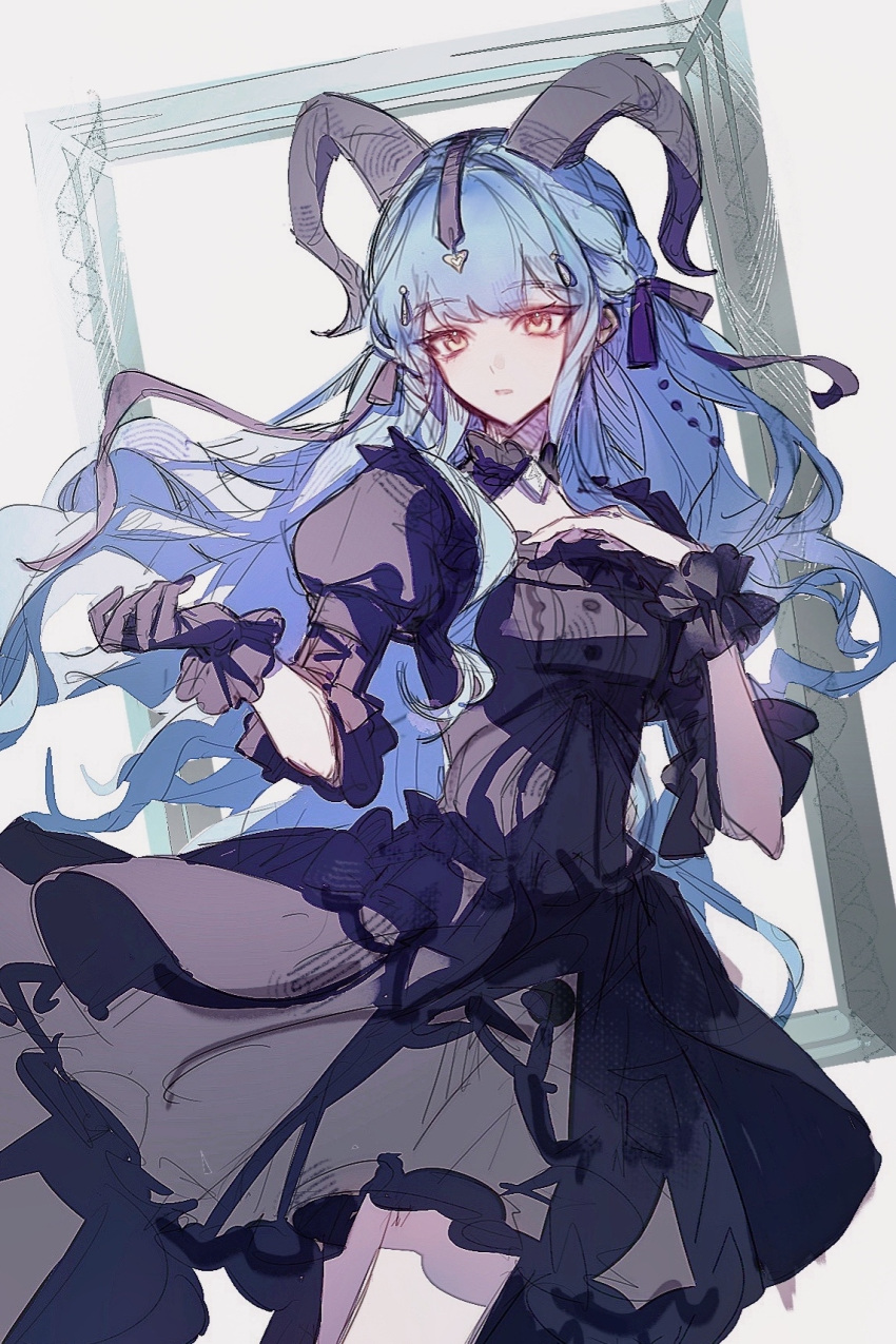 1girl, arknights, bang_dream!, bang_dream!_it's_mygo!!!!!, black_dress, black_gloves, black_horns, black_ribbon