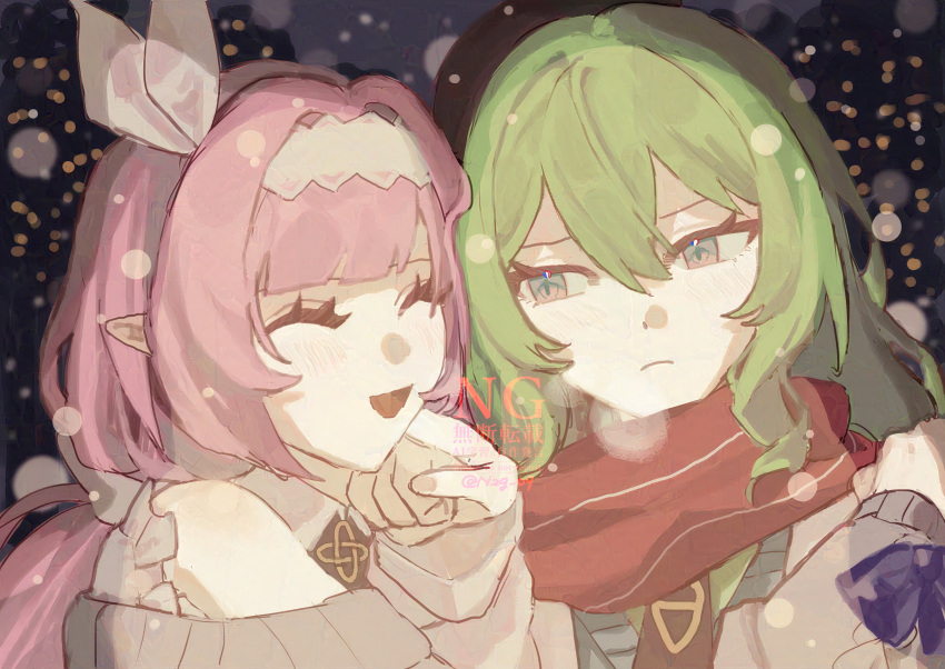 2girls, absurdres, bare_shoulders, commentary, elf, elysia_(honkai_impact), green_hair, grey_sweater