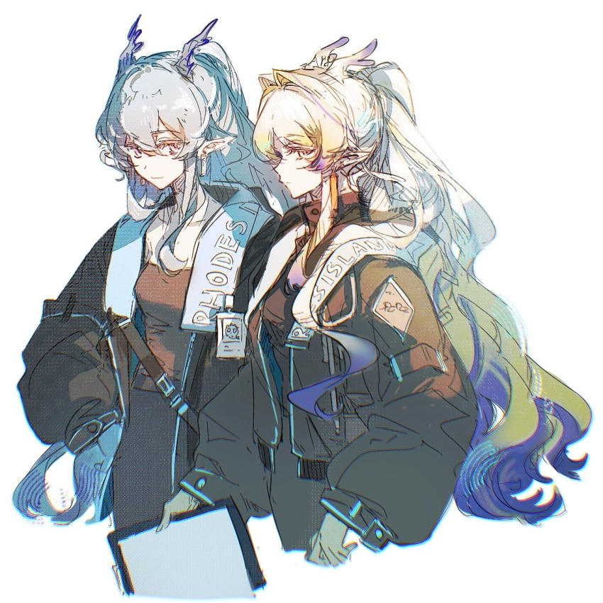 2girls, alternate_costume, arknights, black_jacket, blonde_hair, chromatic_aberration, clothes_writing, colored_extremities