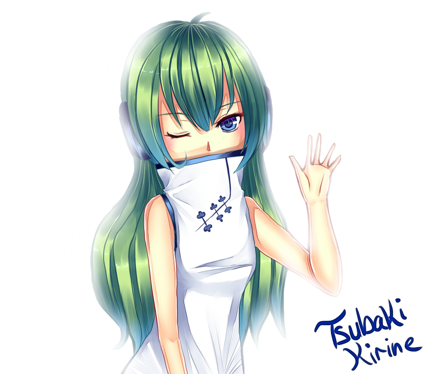 green_hair, head_phones, headphones, jadii, kirine_tsubaki, long_hair, sleeveless, sleeveless_turtleneck, solo, turtleneck, utau, waving, wink