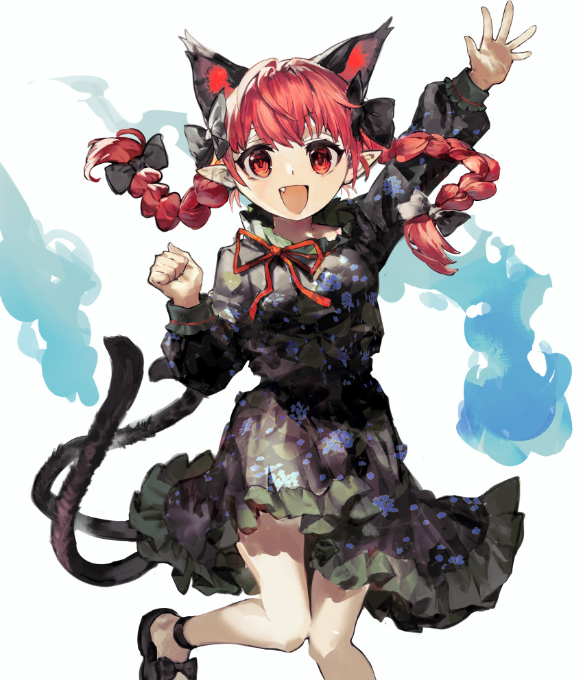 1girl, :d, absurdres, animal_ears, black_bow, black_dress, bow, braid