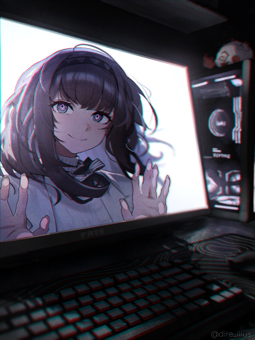 1girl, absurdres, arknights, black_hairband, black_ribbon, blurry, blurry_background, brown_hair, closed_mouth, commentary, computer, computer_keyboard, dire_illus, dragon_bubble_(arknights), hairband, hands_up, highres, jacket, long_hair, looking_at_viewer, monitor, nian_(arknights), open_clothes, open_jacket, priestess_(arknights), ribbon, smile, sweater, twitter_username, upper_body, violet_eyes, white_jacket, white_sweater