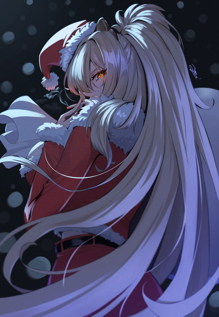 1girl, azur_lane, belt, black_background, blonde_hair, carrying_over_shoulder, cigarette, commentary_request