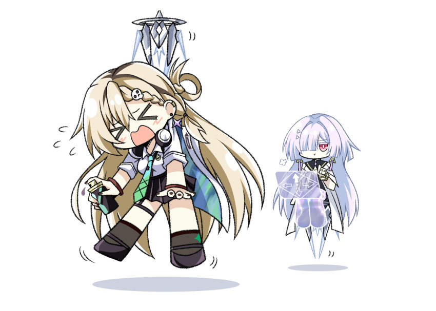 >_<, 2girls, black_skirt, blonde_hair, breasts, can, commentary_request, earrings
