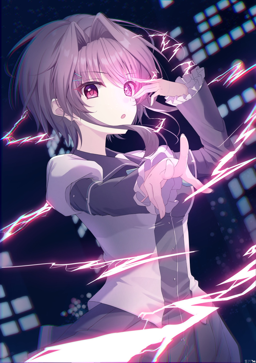 1girl, 9-nine-, :o, absurdres, artist_name, aura, black_dress, black_hair