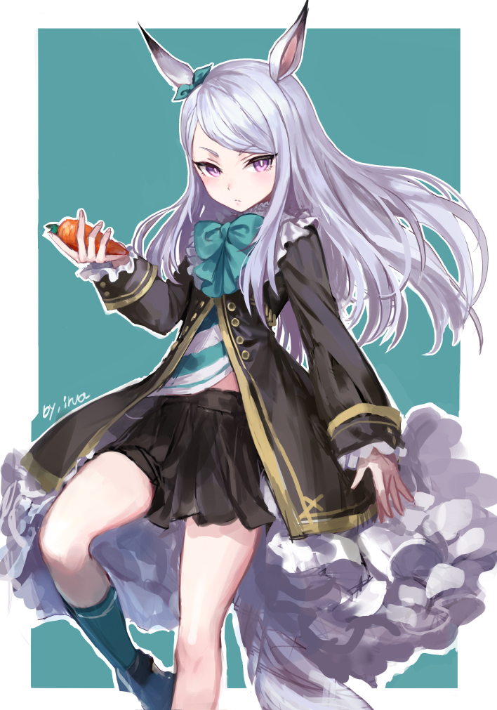 1girl, animal_ears, black_coat, black_skirt, border, bow, bowtie, buttons