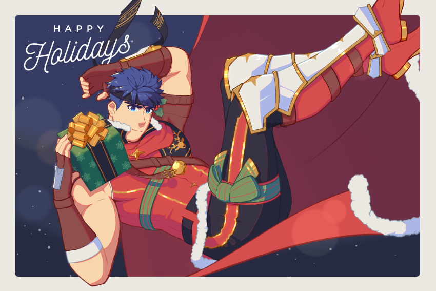 1boy, absurdres, alternate_costume, blue_eyes, blue_hair, boots, border, box