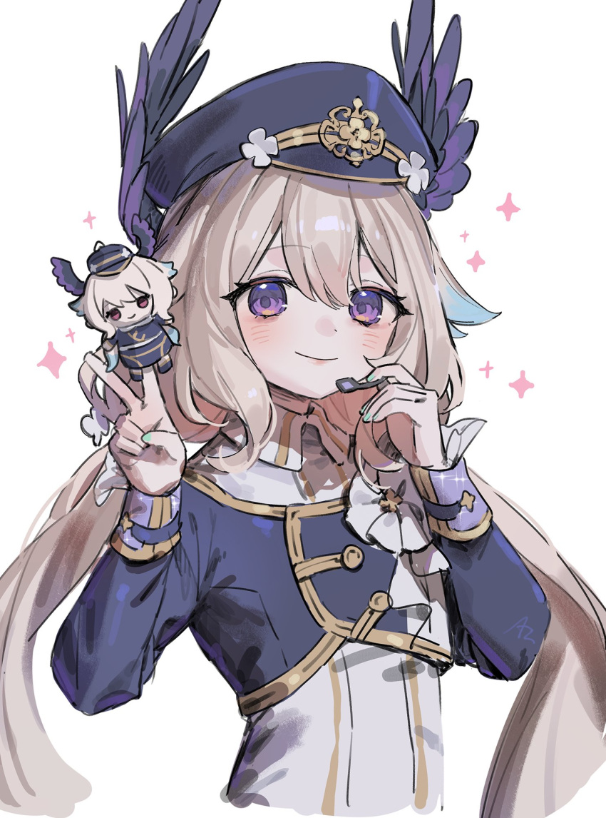 1girl, adjusting_headset, aqua_nails, az_(zero_glvimayhop), blonde_hair, blue_hair, blush, character_doll