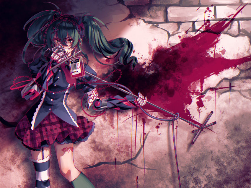 1girl, 4blood_(vocaloid), black_shirt, black_thighhighs, commentary, english_commentary, garter_straps, green_eyes