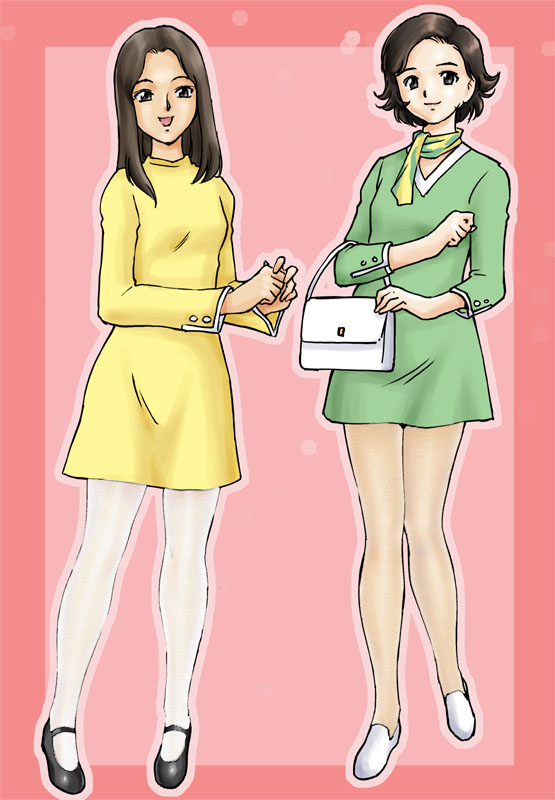 bag, brown_eyes, brown_hair, extra, fashion, kaette_kita_ultraman, long_hair, multiple_girls, open_mouth, pantyhose, purse, sakata_aki, scarf, sheer_legwear, short_hair, ultra_series, uraharukon, white_legwear
