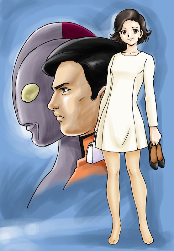 brown_eyes, brown_hair, character_request, fashion, feet, gou_hideki, holding, holding_shoes, kaette_kita_ultraman, pantyhose, sakata_aki, shoes, short_hair, ultra_series, ultraman_jack, uraharukon