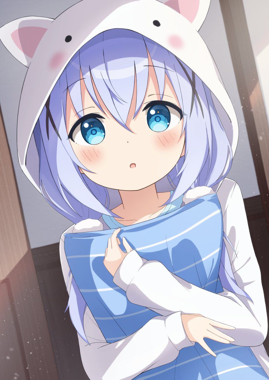 1girl, :o, animal_hood, bad_id, bad_pixiv_id, blue_hair, blue_pillow, blue_pupils