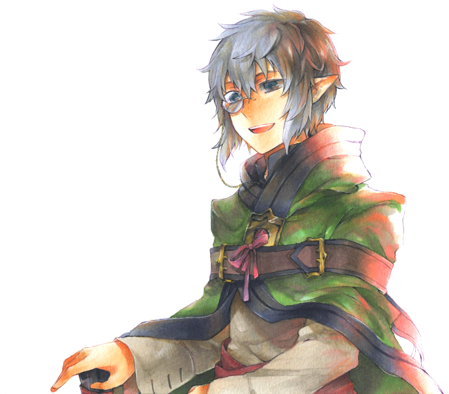 bad_id, belt, cape, grey_eyes, grey_hair, heki_(boundary0), male, messy_hair, monocle, orifiel, pointy_ears, shirt, smile, solo, tales_of_(series), tales_of_innocence, white_background