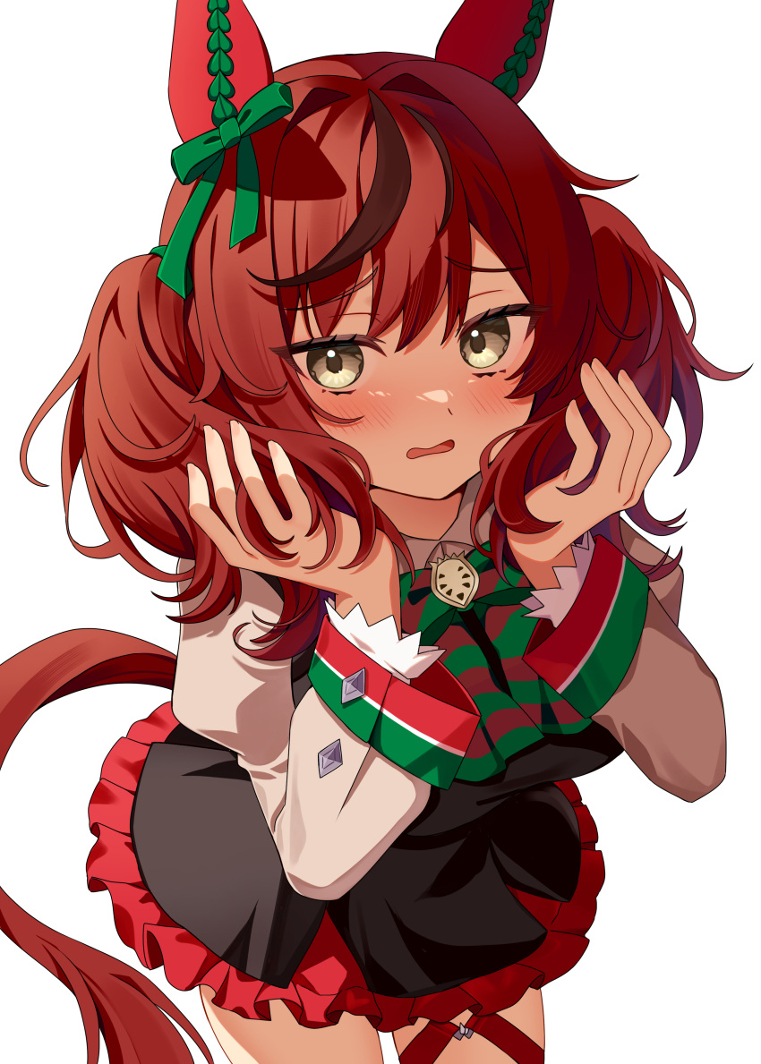 1girl, absurdres, animal_ears, black_dress, blush, bow, bowtie, breasts, brown_eyes, brown_hair, commentary_request, diagonal-striped_bow, dress, ear_bow, ear_covers, ear_ribbon, green_bow, green_bowtie, hands_in_own_hair, highres, horse_ears, horse_girl, horse_tail, juliet_sleeves, kaoru_(h8qm9), long_sleeves, looking_at_viewer, medium_hair, multicolored_hair, nice_nature_(poinsettia_ribbon)_(umamusume), nice_nature_(umamusume), open_mouth, puffy_sleeves, simple_background, solo, streaked_hair, striped_bow, striped_bowtie, striped_clothes, tail, thigh_strap, twintails, umamusume, white_background