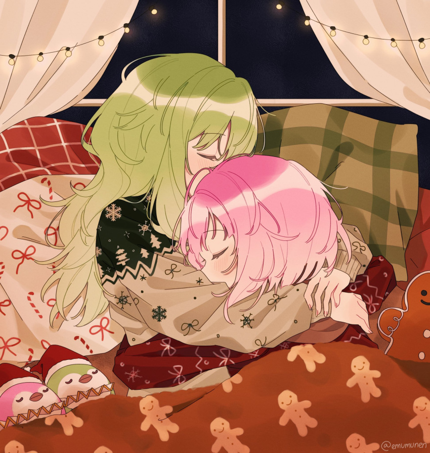 2girls, blush, brown_sweater, christmas, closed_eyes, commentary, cuddling, curtains