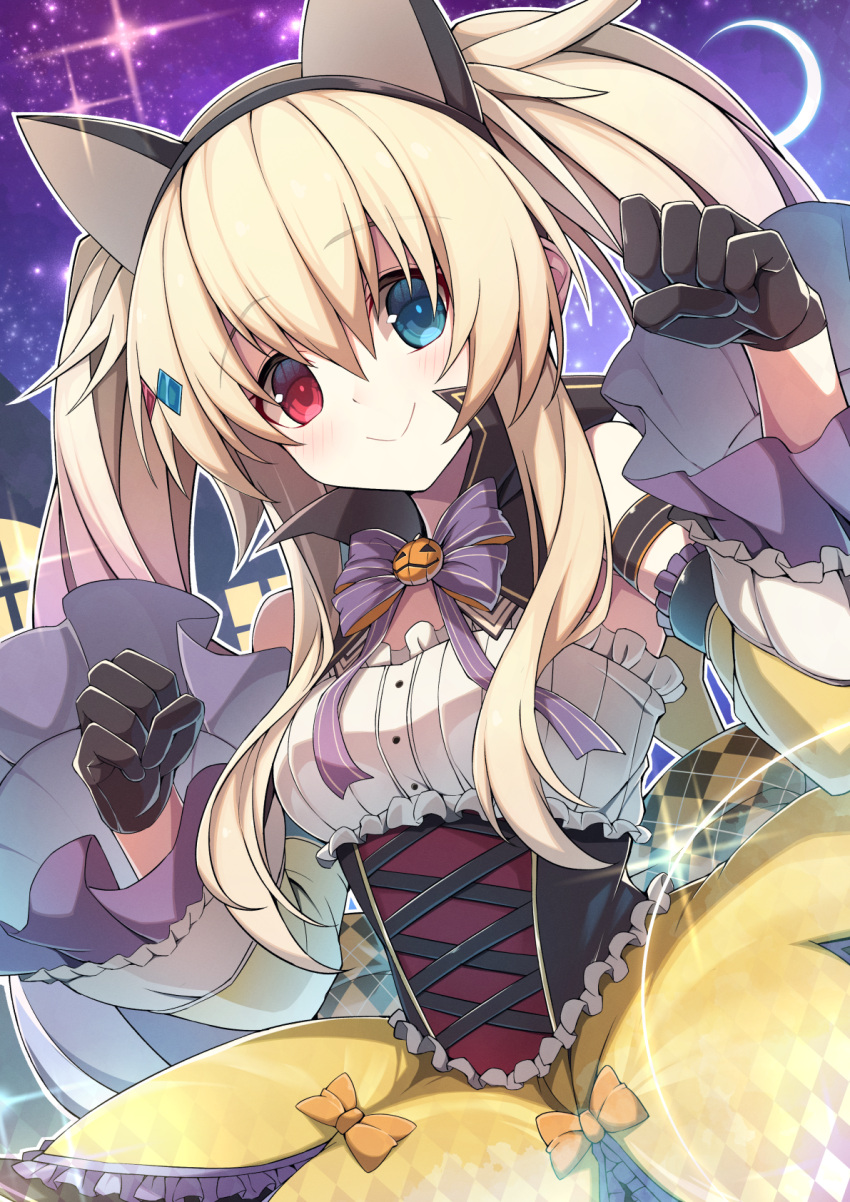 1girl, alice_(grimms_echoes), animal_ear_hairband, animal_ears, black_corset, black_gloves, bow, breasts, cat_ear_hairband, cat_ears, closed_mouth, corset, fake_animal_ears, frilled_sleeves, frills, gloves, grimms_echoes, hair_between_eyes, hairband, hands_up, heterochromia, highres, long_hair, long_sidelocks, looking_at_viewer, orange_bow, ruisuke, sidelocks, skirt, smile, solo, twintails, very_long_hair, wide_sleeves, yellow_skirt