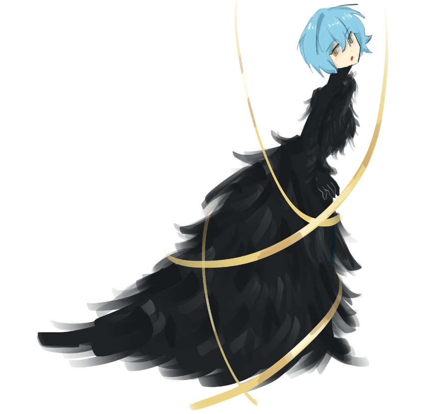 1girl, angela_(project_moon), black_dress, black_gloves, blue_hair, bucachonglu, commentary, dress, english_commentary, feather_dress, full_body, gloves, library_of_ruina, looking_at_viewer, project_moon, ribbon, short_hair, simple_background, solo, white_background, yellow_eyes, yellow_ribbon