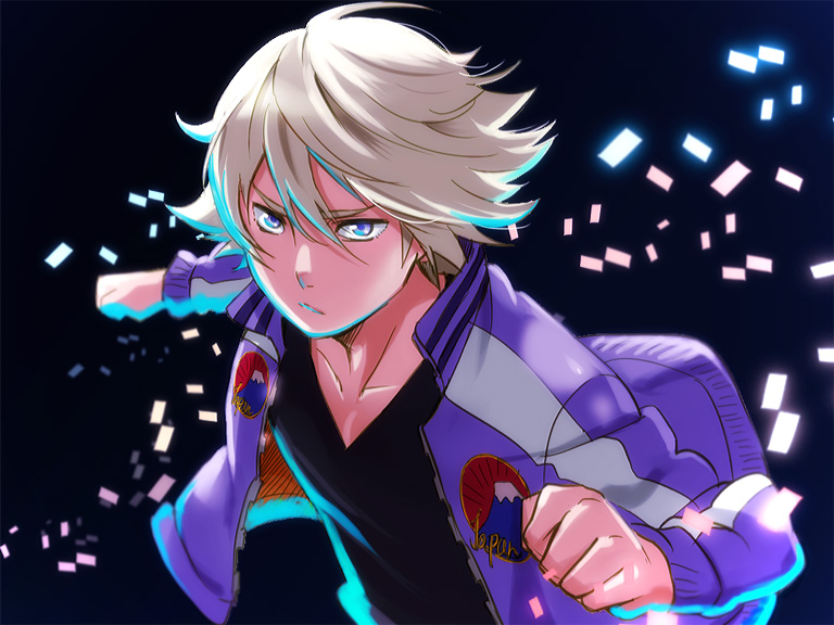 blonde_hair, glowing, hariyama_(pixiv320286), hariyama_(toubou_tengoku), ivan_karelin, jacket, letterman_jacket, male, purple_eyes, purple_jacket, short_hair, solo, tiger_&amp;_bunny, violet_eyes