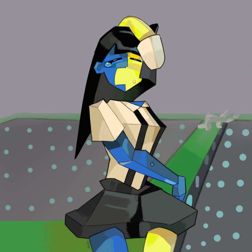 abstract, anxious, black_hair, blue_skin, crying, dancing, dream_bbq, ena:_dream_bbq, ena_(dream_bbq)_(joel_g), ena_(joel_g), ena_(series), ena_(species), indie, posing, skirt, suspender_skirt, suspenders, yellow_skin