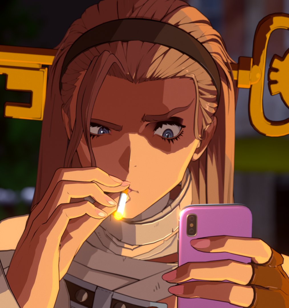 1girl, 3d, a.b.a, alternate_color, bandages, bangs_pinned_back, black_hairband, blonde_hair, blue_eyes, cellphone, cigarette, commentary, english_commentary, fingerless_gloves, gloves, guilty_gear, guilty_gear_strive, hairband, holding, holding_cigarette, holding_phone, key_in_head, long_eyelashes, looking_at_phone, looking_at_screen, makeup, matthew_mcconaughey_smoking_(meme), meme, object_through_head, orange_gloves, outdoors, palette_swap, parted_lips, phone, phone_request, pink_nails, player_2, portrait, raised_eyebrow, sateka, single_hair_curtain, smartphone, smoking, solo, wide-eyed