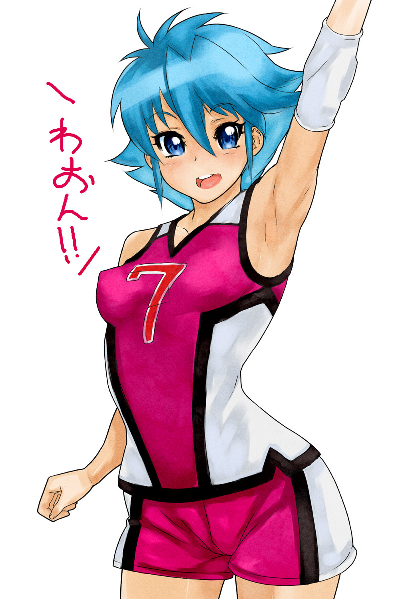 blue_eyes, blue_hair, blush, female, gym_uniform, highres, nishijima_waon, precure