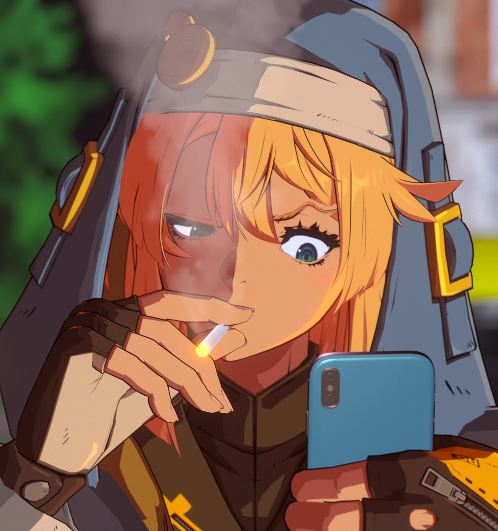 1girl, 3d, androgyne_symbol, aqua_eyes, black_gloves, black_shirt, blonde_hair, bridget_(guilty_gear), cigarette, fingerless_gloves, gloves, guilty_gear, guilty_gear_strive, holding, holding_cigarette, holding_phone, hood, hood_up, looking_at_phone, matthew_mcconaughey_smoking_(meme), meme, multicolored_gloves, nun_headdress, outdoors, phone, phone_request, pink_nails, portrait, sateka, shirt, smoke, smoking, solo, two-tone_gloves, white_gloves, zipper, zipper_pull_tab