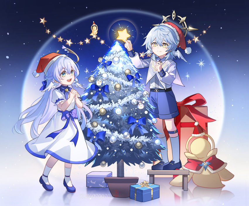 1boy, 1girl, aged_down, artist_name, belt, black_belt, black_shoes, blue_bow