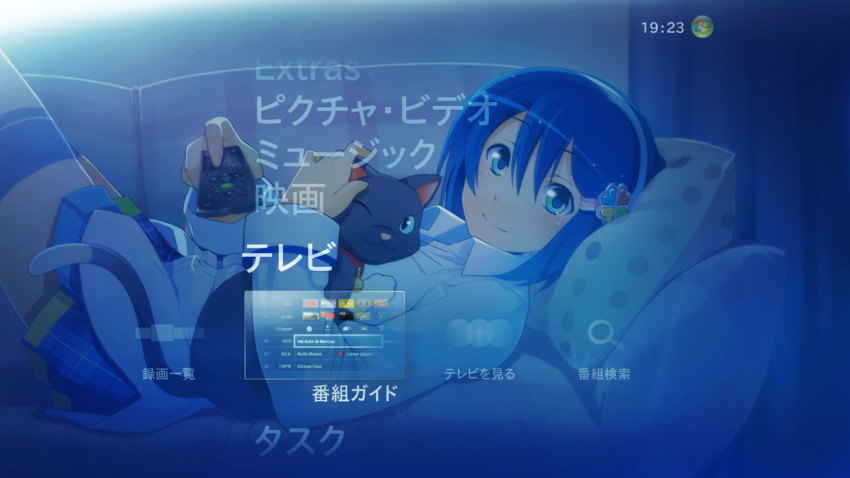 bangs, blue, blue_eyes, blue_hair, cat, clock, clockshow, dress_shirt