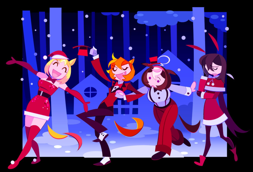 20years, 4girls, ^_^, admire_vega_(umamusume), alternate_costume, animal_ears, annoyed, bare_shoulders, belt, belt_buckle, black_belt, black_border, black_pants, black_pantyhose, black_shoes, blazer, blonde_hair, boots, border, bow, bowtie, breasts, buckle, buttons, capelet, christmas, closed_eyes, collared_jacket, collared_shirt, contrast_lapels, crossdressing, crossdressing_(ftm), dress, dress_pants, dress_shirt, dress_shoes, ears_down, elbow_gloves, eyelashes, fang, forest, formal_clothes, frown, full_body, fur-trimmed_capelet, fur-trimmed_dress, fur-trimmed_headwear, fur_trim, glitter, gloves, hair_between_eyes, hairband, hand_on_own_face, happy, hat, hat_over_one_ear, high_collar, highres, holding, holding_hands, holding_unworn_clothes, holding_unworn_hat, horse_ears, horse_girl, horse_tail, house, indoors, jacket, lapels, large_breasts, long_hair, looking_at_another, low_ponytail, medium_hair, meisho_doto_(umamusume), mini_hat, mini_top_hat, multicolored_hair, multiple_girls, narita_top_road_(umamusume), nature, night, notched_lapels, open_mouth, orange_hair, outdoors, outside_border, outstretched_arms, pants, pantyhose, pink_hairband, pom_pom_(clothes), ponytail, red_boots, red_bow, red_bowtie, red_capelet, red_dress, red_gloves, red_hat, red_jacket, red_pants, santa_hat, shirt, shoes, short_hair, sleeve_cuffs, smile, snowing, socks, solid_circle_eyes, strapless, strapless_dress, streaked_hair, surprised, suspenders, t.m._opera_o_(umamusume), tail, thigh_boots, top_hat, traditional_bowtie, umamusume, umamusume:_road_to_the_top, unworn_hat, unworn_headwear, very_long_hair, violet_eyes, white_shirt, white_socks, wide-eyed