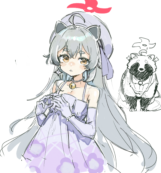1girl, ahoge, animal_ears, animalization, bare_shoulders, bell, blue_archive, choker