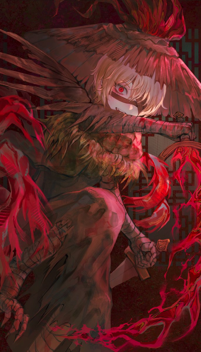 1boy, blonde_hair, brown_bandages, brown_feathers, brown_hat, brown_tunic, brown_wings, coma0987