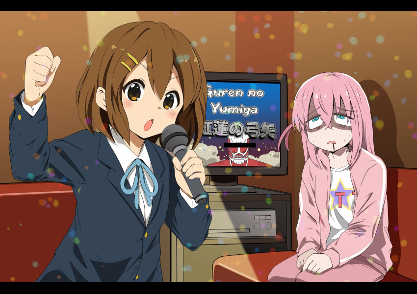 2girls, bar_censor, blazer, blue_jacket, blue_ribbon, bocchi_the_rock!, brown_hair, censored, censored_identity, collared_shirt, couch, crossover, gotoh_hitori, highres, hirasawa_yui, ho-kago_tea_time_t-shirt, holding, holding_microphone, indoors, jacket, k-on!, karaoke, laika2slip, long_hair, long_sleeves, microphone, multiple_girls, music, neck_ribbon, on_couch, open_clothes, open_jacket, pink_hair, pink_jacket, ribbon, sakuragaoka_high_school_uniform, school_uniform, shingeki_no_kyojin, shirt, short_hair, singing, sitting, television, titan_(shingeki_no_kyojin), track_jacket, white_shirt, winter_uniform