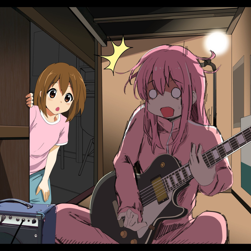 2girls, :o, bocchi_the_rock!, brown_eyes, brown_hair, crossover, gotoh_hitori, highres