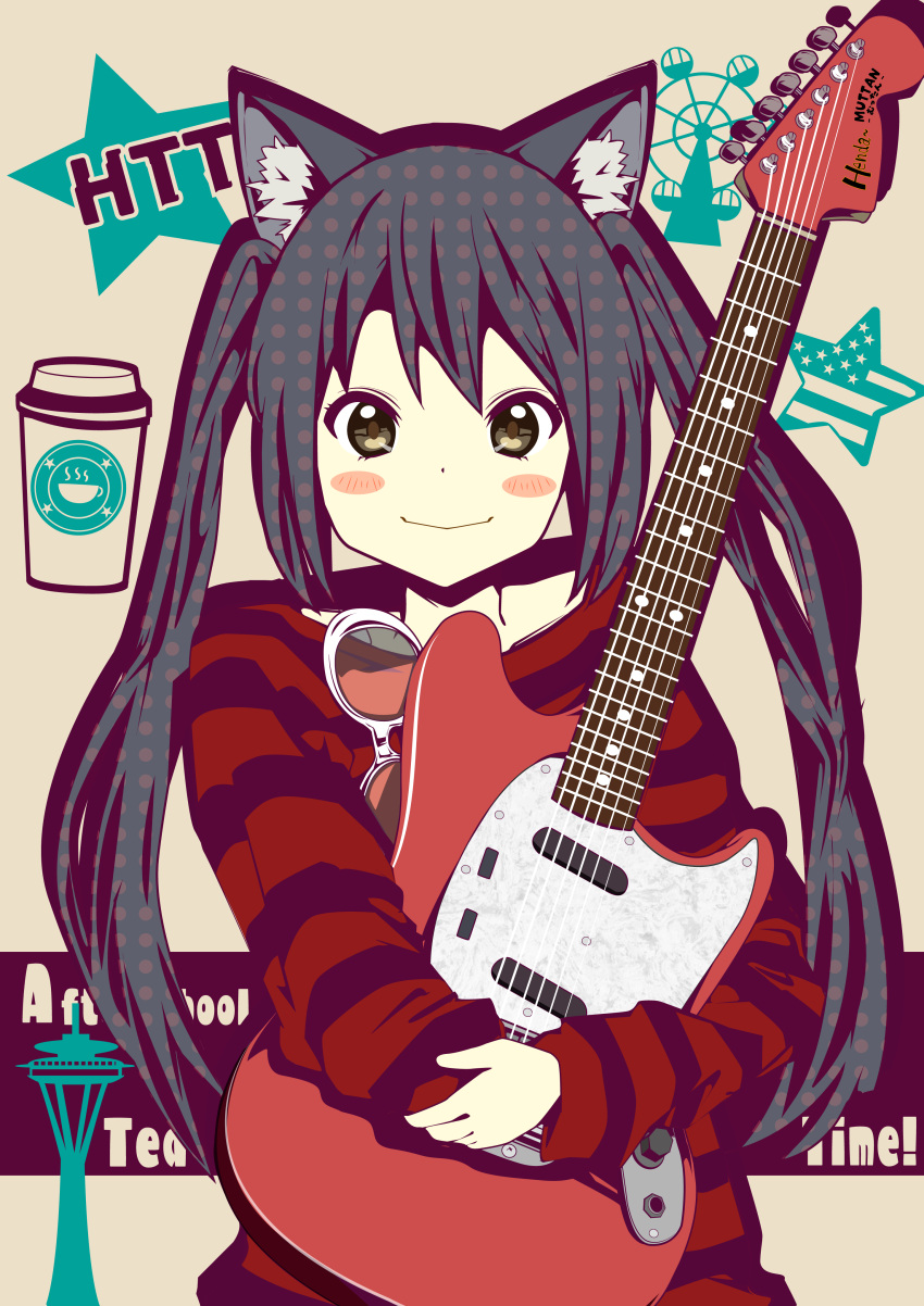 1girl, absurdres, american_flag, black_hair, blush_stickers, brown_eyes, casual, closed_mouth