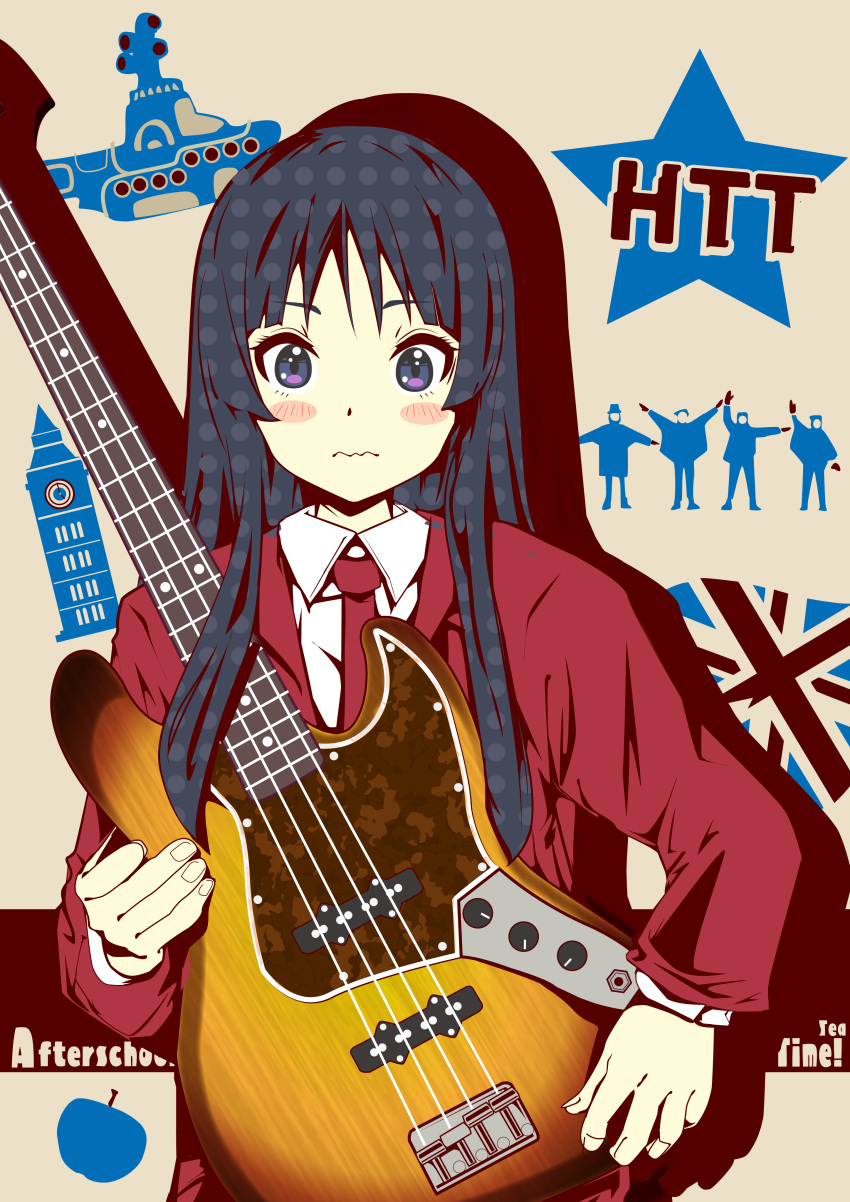 1girl, absurdres, akiyama_mio, bass_guitar, black_eyes, black_hair, blush_stickers, casual