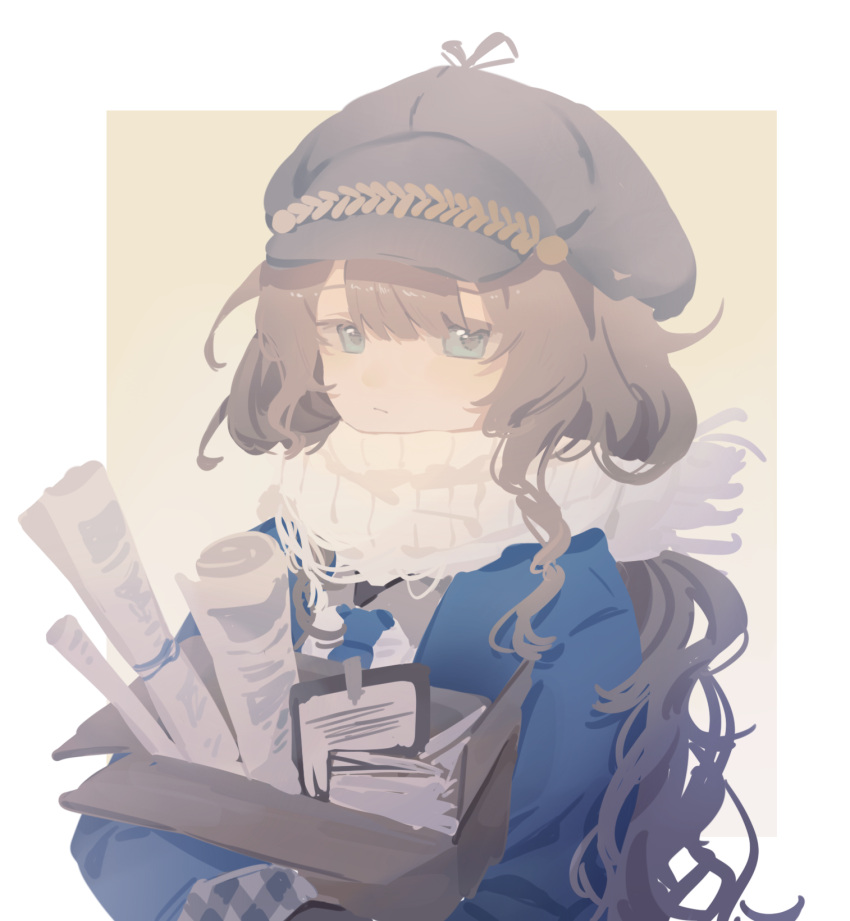 1girl, :/, blue_coat, blue_eyes, border, box, brown_hair, chinese_commentary