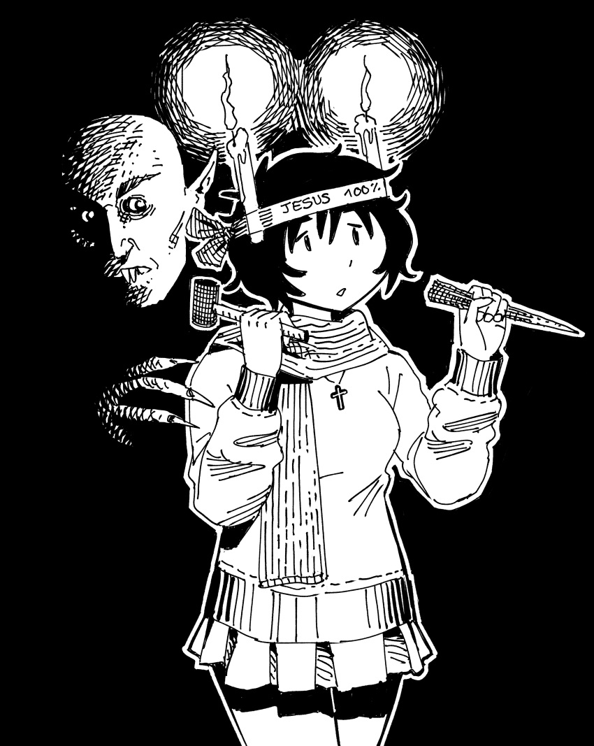 1boy, 1girl, absurdres, black_background, candle, candle_on_headwear, candlelight, christianity