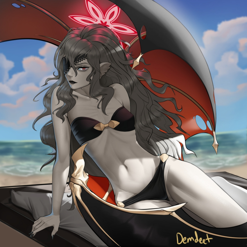 1girl, alternate_costume, animal_ears, ass_visible_through_thighs, bare_arms, bare_legs, bare_shoulders, bat_ears, bat_wings, bikini, black_bikini, black_lips, black_nails, breasts, clouds, commentary, demdeet, embla_(fire_emblem), english_commentary, eyepatch, fire_emblem, fire_emblem_heroes, highres, lace-trimmed_eyepatch, long_hair, looking_at_viewer, messy_hair, ocean, outdoors, red_eyes, skinny, sky, small_breasts, solo, sommie_(fire_emblem), swimsuit, thighs, white_hair, wings
