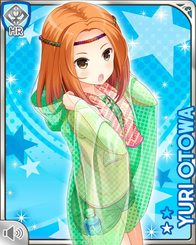 1girl, blue_background, brown_eyes, brown_hair, camouflage, camouflage_shorts, card_(medium), character_name, girlfriend_(kari), green_raincoat, hairband, multicolored_hairband, official_art, otowa_yuri, pink_tank_top, plastic_bottle, polka_dot, print_towel, qp:flapper, raincoat, see-through_clothes, see-through_raincoat, shorts, solo, standing, tank_top, thighs, towel, towel_around_neck