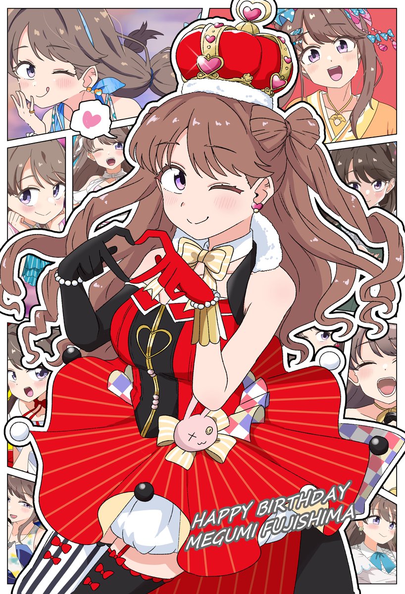 1girl, ;), arched_crown, asymmetrical_gloves, bare_shoulders, black_gloves, black_thighhighs, bow-shaped_hair