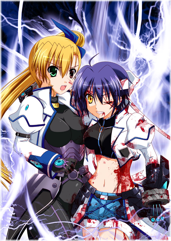 adult, blonde_hair, blood, blood_on_face, blood_stain, blue_hair, bodysuit, clenched_teeth, cover, cover_page, crop_top, green_eyes, hair_ribbon, headband, heterochromia, injury, long_hair, lyrical_nanoha, mahou_shoujo_lyrical_nanoha, mahou_shoujo_lyrical_nanoha_strikers, midriff, multiple_girls, navel, open_mouth, red_eyes, revolver_knuckle, ribbon, short_hair, short_shorts, shorts, side_ponytail, subaru_nakajima, torn_clothes, vivio, wink, yellow_eyes, zakkii